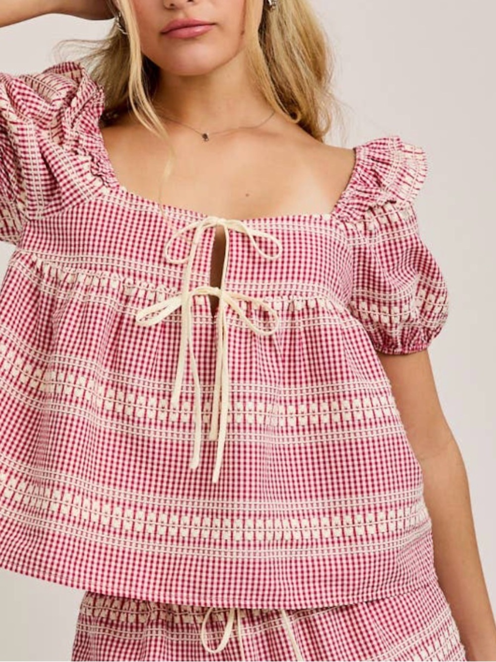 Le Lis Boutique Red Gingham Puff Sleeve Tie Front Ruffle Top Cottagecore Girly